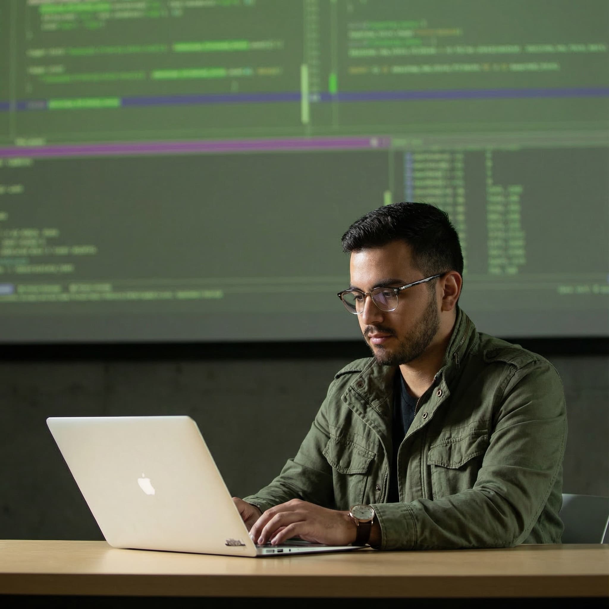 Teaching Assistant working on code with large screen display